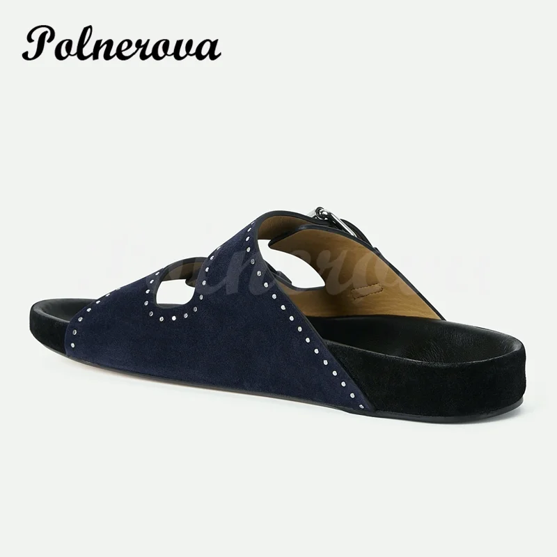 Fashion Rivet Leather Flat Comfortable Slippers Outerwear Beach Shoes Women's Vacation Flip Flops Comfortable Casual Sandals