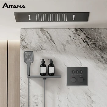 AITANA ปืนสีเทาหรูหราทองเหลือง Thermostatic ระบบฝักบัว Minimalist ปกปิดเพดาน Hot & Cold Water 3-Function ห้องน้ํา Mixer 1