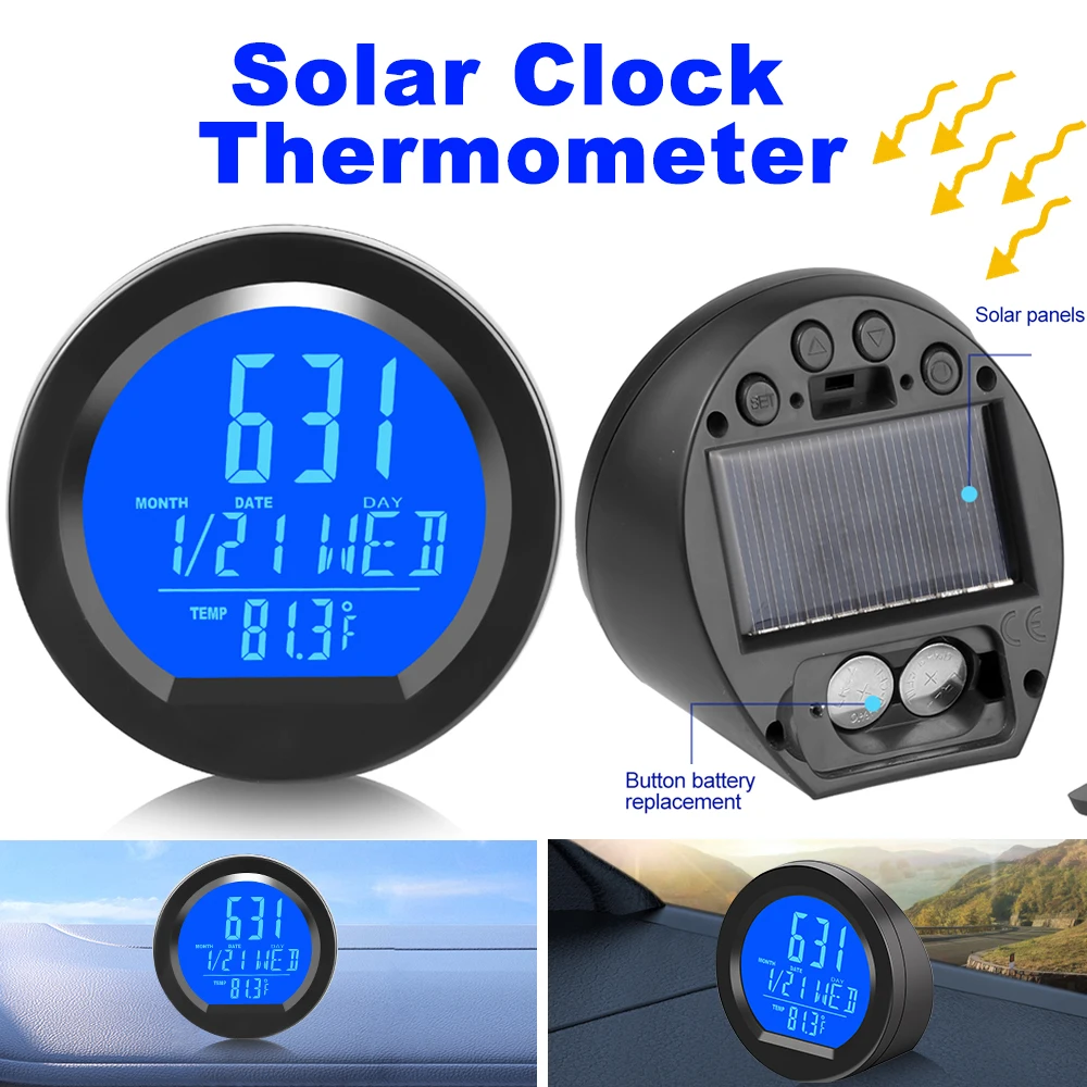Kebidumei Solar Car Clocks For Dashboard Digital LCD Clock Date Week ...