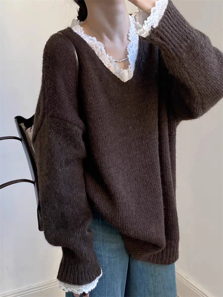 New Autumn and Winter V-neck Lace Lace Women's Long-sleeved Sweater Elegant Fashion Elegant Loose Knitted Pullover Shirt