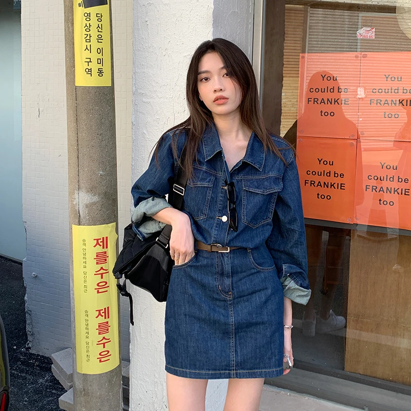 S-5XL Women Denim Dress Turn Down Collar Loose A-Line Hips Jean Vestido Breathable Sun-Proof Full Sleeve Female Summer Outfits