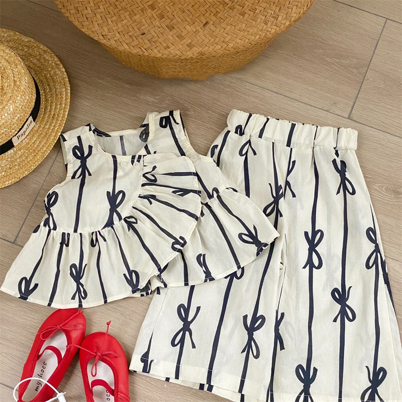 

Two Pieces Kids Girls Pants Sets Sleeveless Loose Crop Tops+Wide Leg Trousers Striped Bow Print Children Summer Clothing Suits