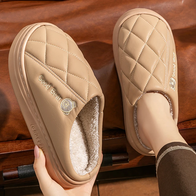 Waterproof Home Cotton Slippers for Women Indoor Soft Thick Sole Plush Slides Woman Comfortable Anti Slip Warm Slippers Female