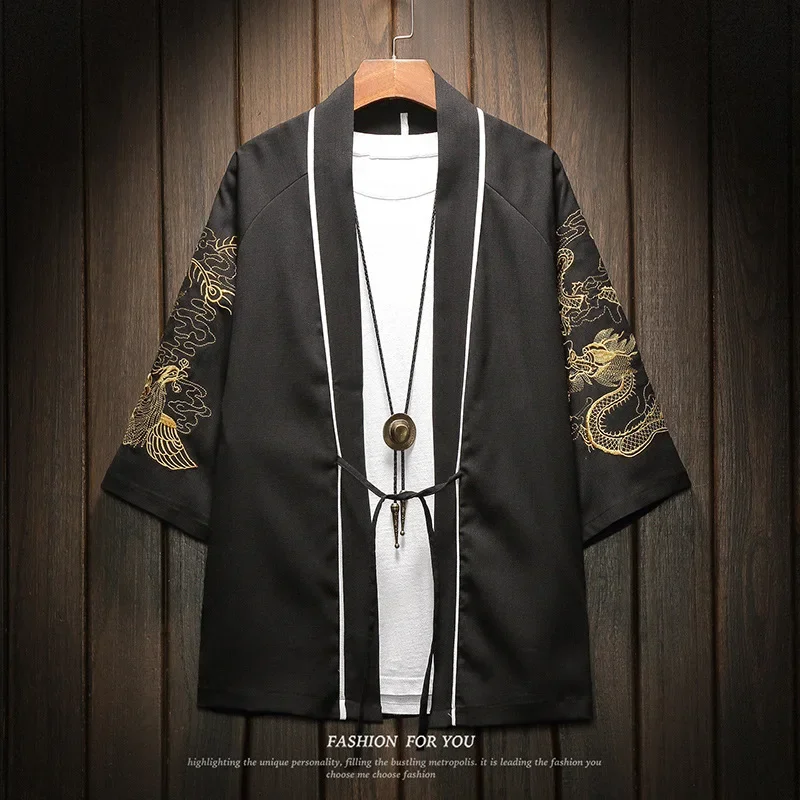 Chinese Dragon Men Kimono Top Clothing Oversize Cotton Linen Sunscreen High Quality Haori Shirt Japanese Anime Cosplay Blouse