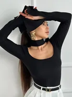 Haut décontracté à manches longues pour femmes, couleur unie, col suspendu, col carré, coupe cintrée, fente élégante, nouvelle collection automne/hiver 3