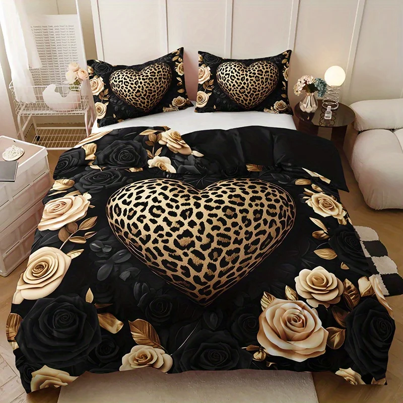 2/3Pcs Leopard Print Heart Rose Duvet Cover Set, HD Luxury Vintage Style Bedding with Pillowcases, All Season Home Dorm Decor