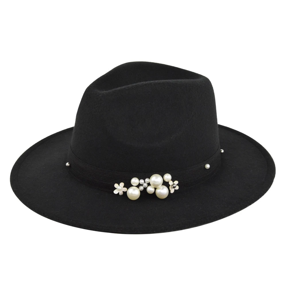 

Female Four Seasons Fedoras Hats Flat Brim Jazz Caps Woolen 56-58cm Decorative Pearl Flowers Elegant Lady LM0110