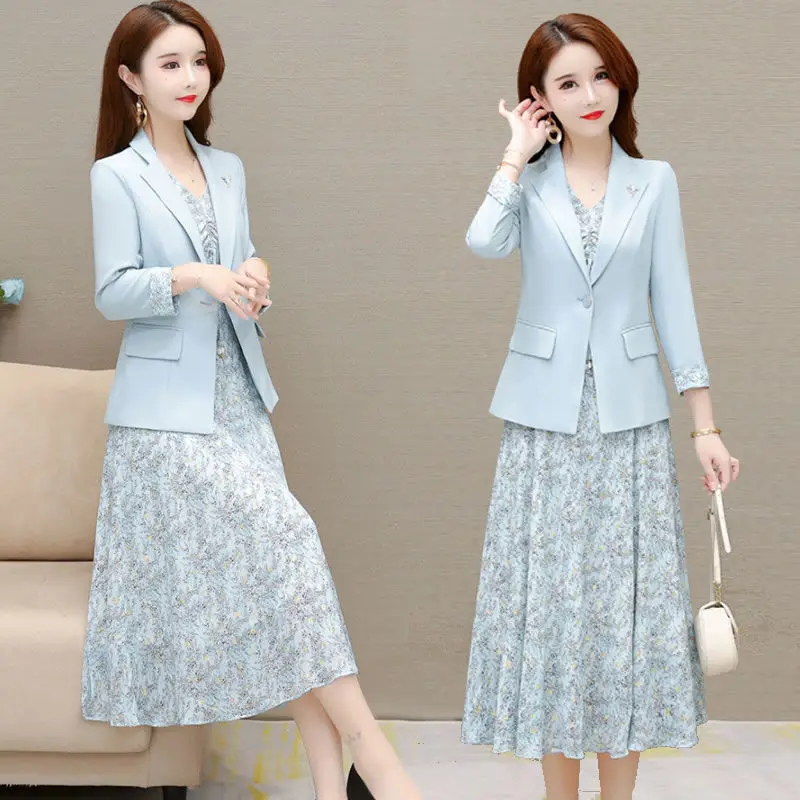 2023 Women Spring Autumn Elegant Blazer Dress Suits Female 2 Piece Set Casual Suit Jacket + Midi Floral Dresses Ladies Sets G357