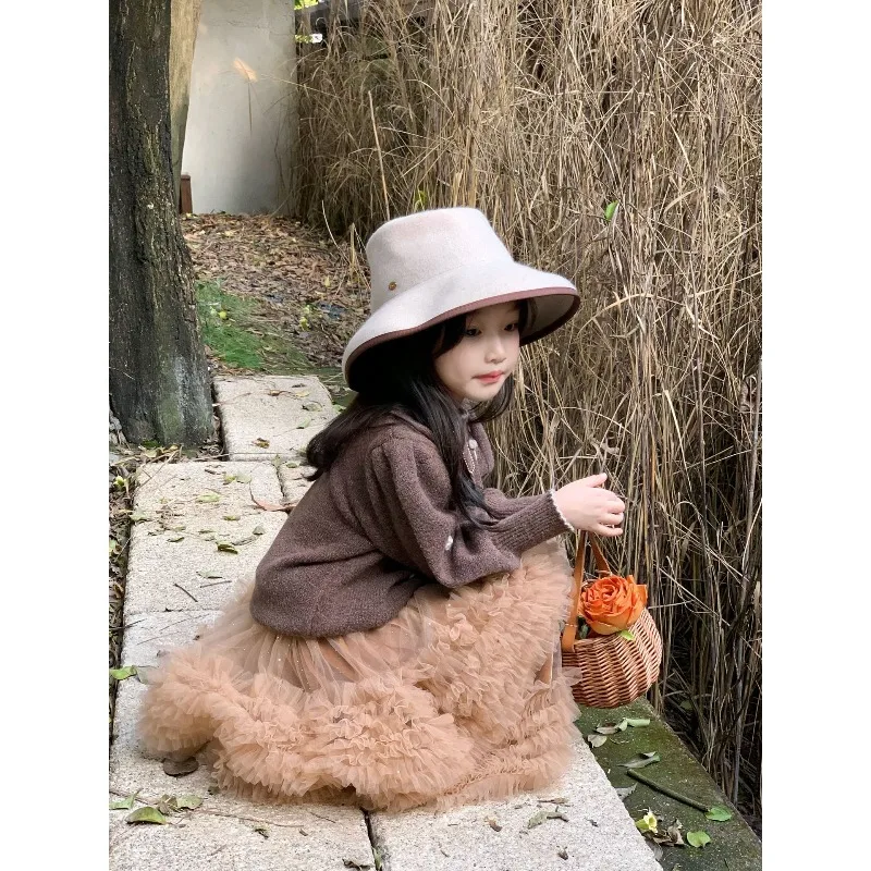 2026 새로운 봄 가을 어린이 소녀 갈색 니트 스웨터 귀여운 패턴 캐주얼 패션 따뜻한 풀오버 어린이 니트 탑 H5216