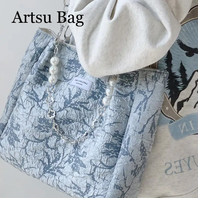 Sea Salt Blue Jacquard Canvas Tote Bag 2024 New Fashion Large Capacity Handbag Shoulder Bag for Women