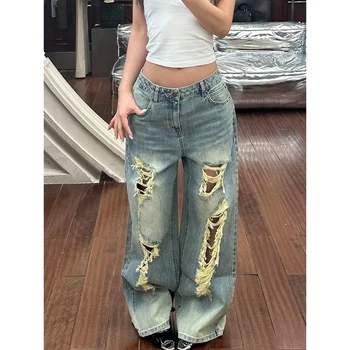 YIBASHU 2026 Summer Women's Ripped Denim Pants Y2K Men Wide Fit Baggy Jean Japanese Harajuku Jean Punk Tide Mom Jeans Boyfriend 1
