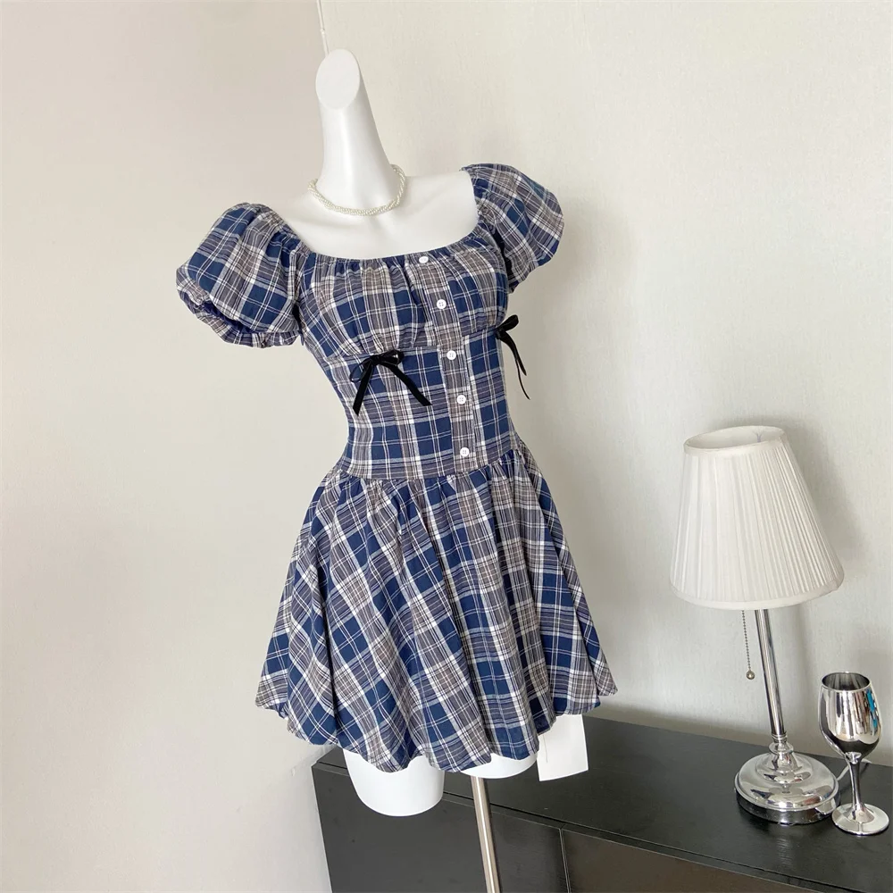 Y2K Plaid Short Dresses for Women Princess Birthday Party Dress Puff Sleeve Square Collar Bow Prom Summer Mini Vestidos Mujer