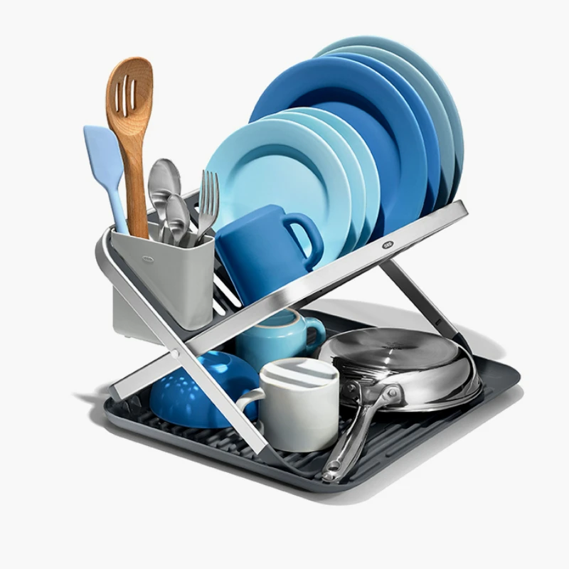 Aluminum Fold Flat Dish Drying Rack 2 Tier with Drainboard Collapsible Dish Rack for Kitchen Counter Space Saving
