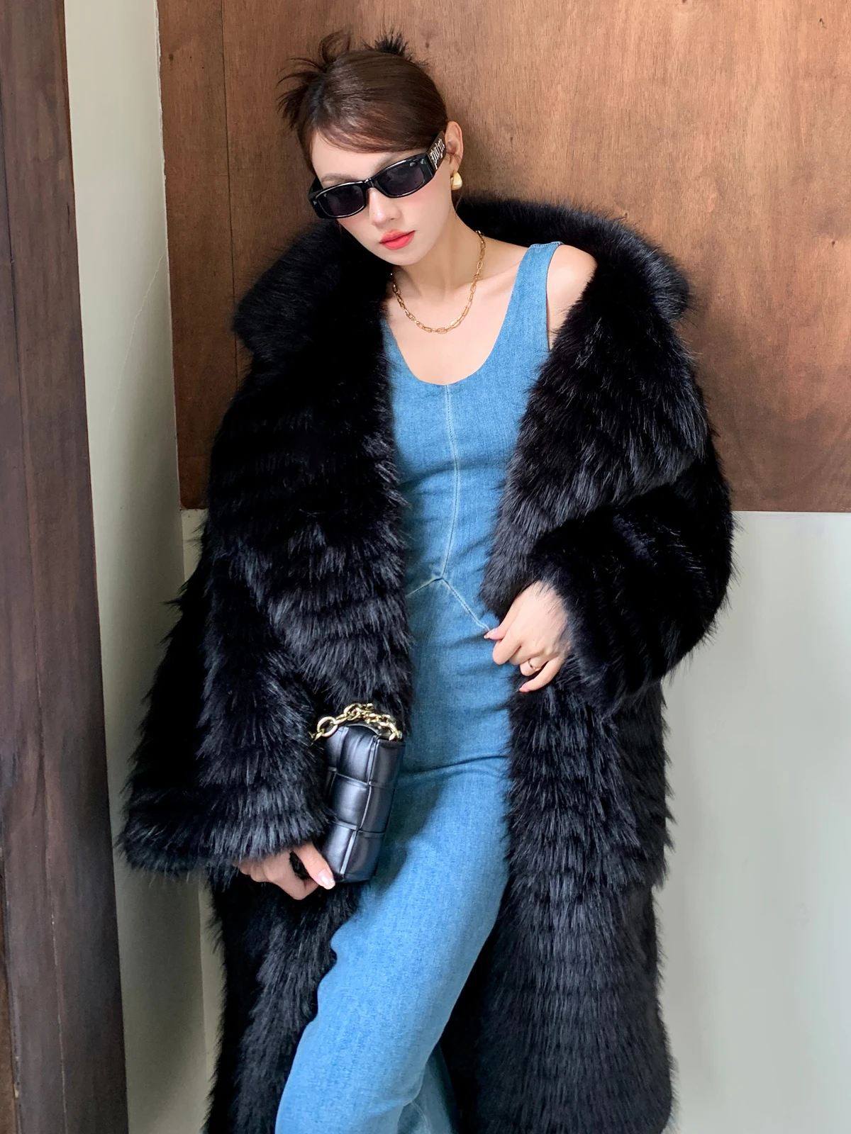 

2024 fox black striped eco-friendly fur long loose fitting a lapel collar faux fur coat,women's pocket fashion tops
