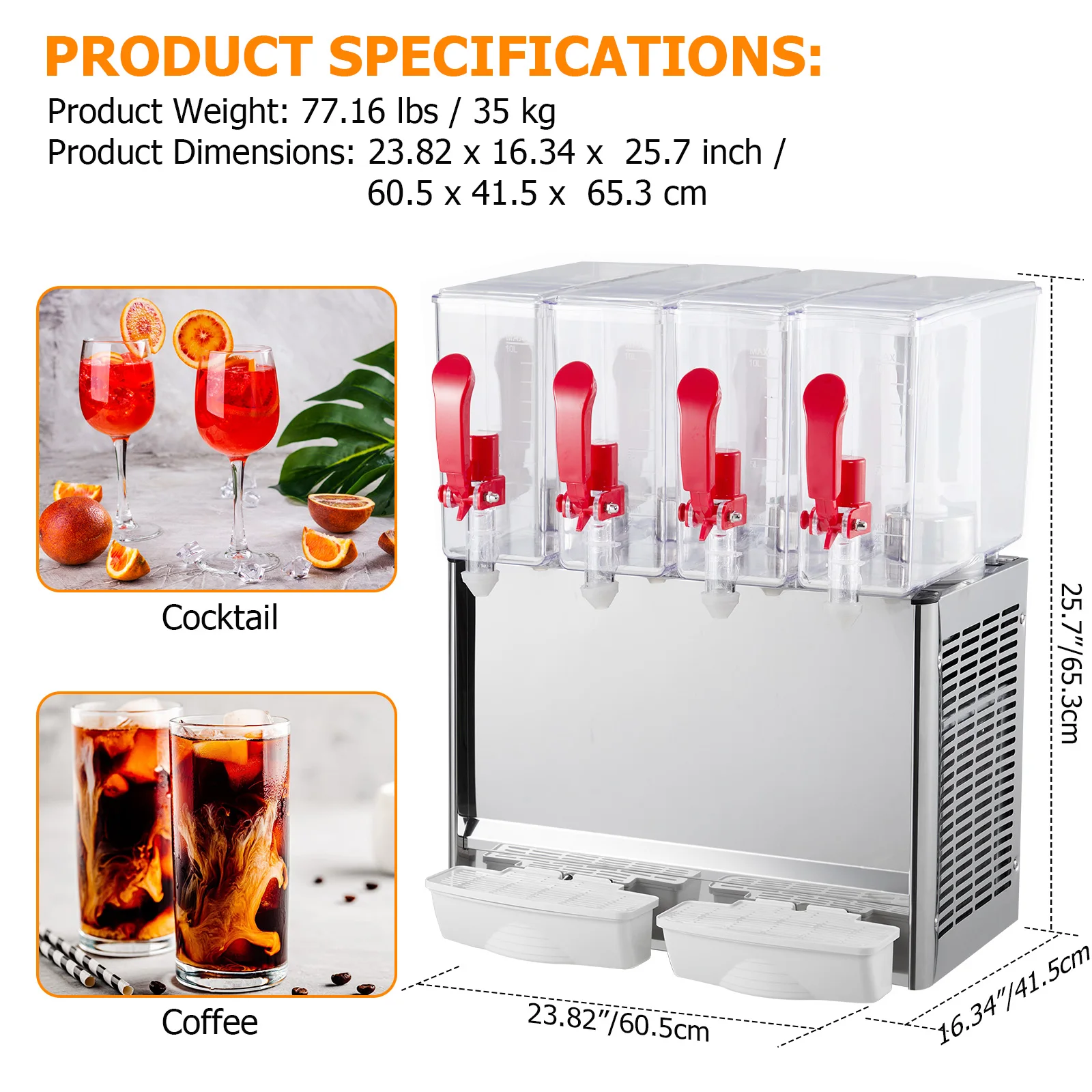 Commercial Beverage Dispenser, 4 Tanks 10.56 Gallon 40L Commercial Juice Dispenser, 10 Liter Per Tank, 380W Stainless Steel Food 6