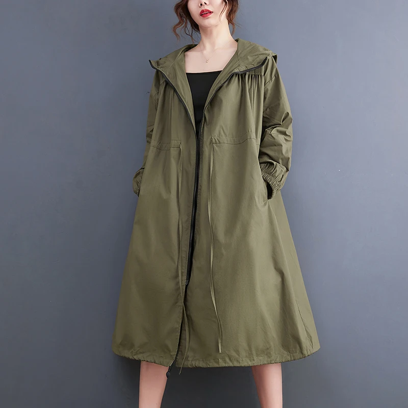 

2023 Autumn Spring Korean Fashion Ladies Loose Long Sleeve Woman Coat Hooded Plus Szie Cotton Windcoat Long Trench Coats Women