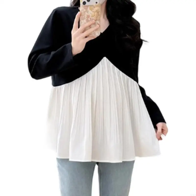 패치워크 디자인 탑 데일리 아웃도어 착용을 위한 편안한 임산부 블라우스