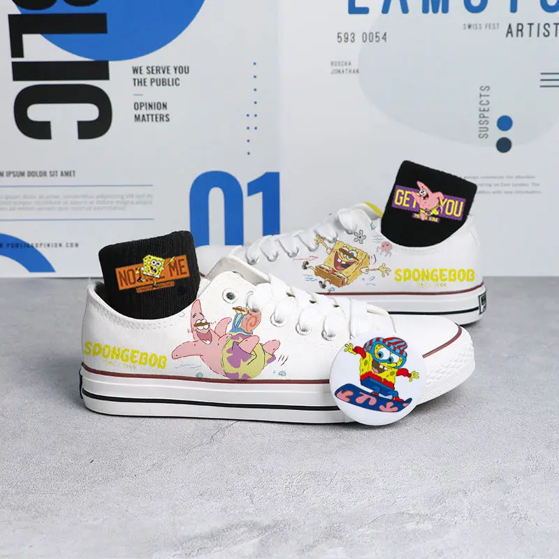 SpongeBob SquarePants white black Low Top Canvas For Men And Women Small White Summer Couple Breathable Board Shoes 5