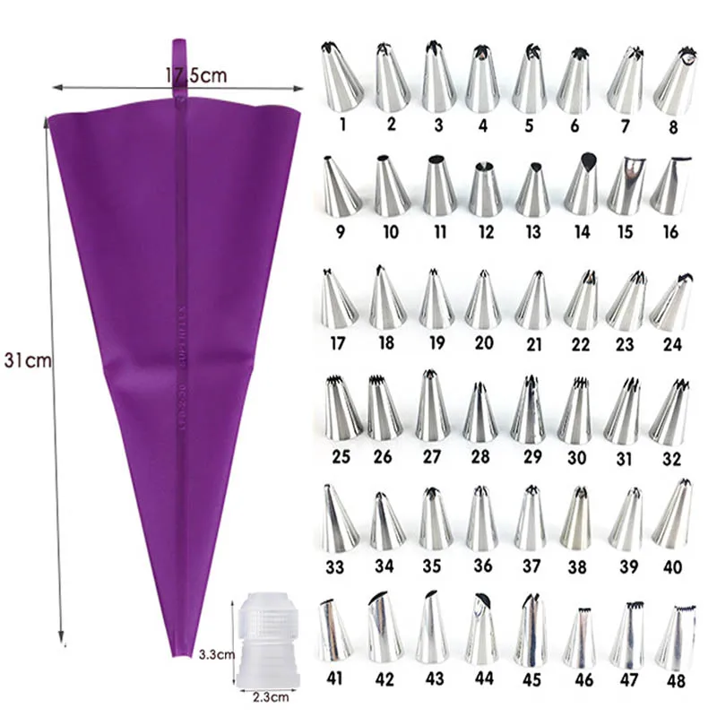 Description Picture 5 of item8/14/26/50Pcs Cake Decorating Tool Set Purple Silicone Pastry Bags Stainless Steel Cream Icing Piping Nozzle Tip Cupcake Tools