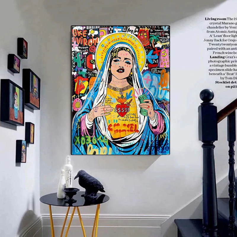 추상 그래피티 아트 포스터 캔버스 그림, 모나리자 가수 초상화 캔버스 인쇄, 거실 홈 데코 벽 아트 그림