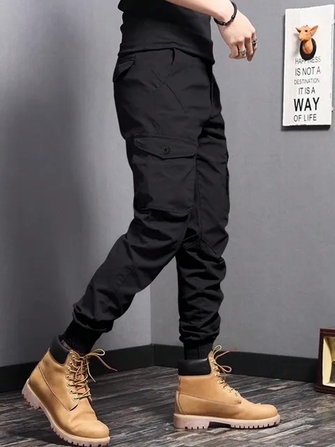 Casual Side Flap Pockets Workwear Tapered Pants, Men's Cargo Pants For Spring Fall Outdoor 3