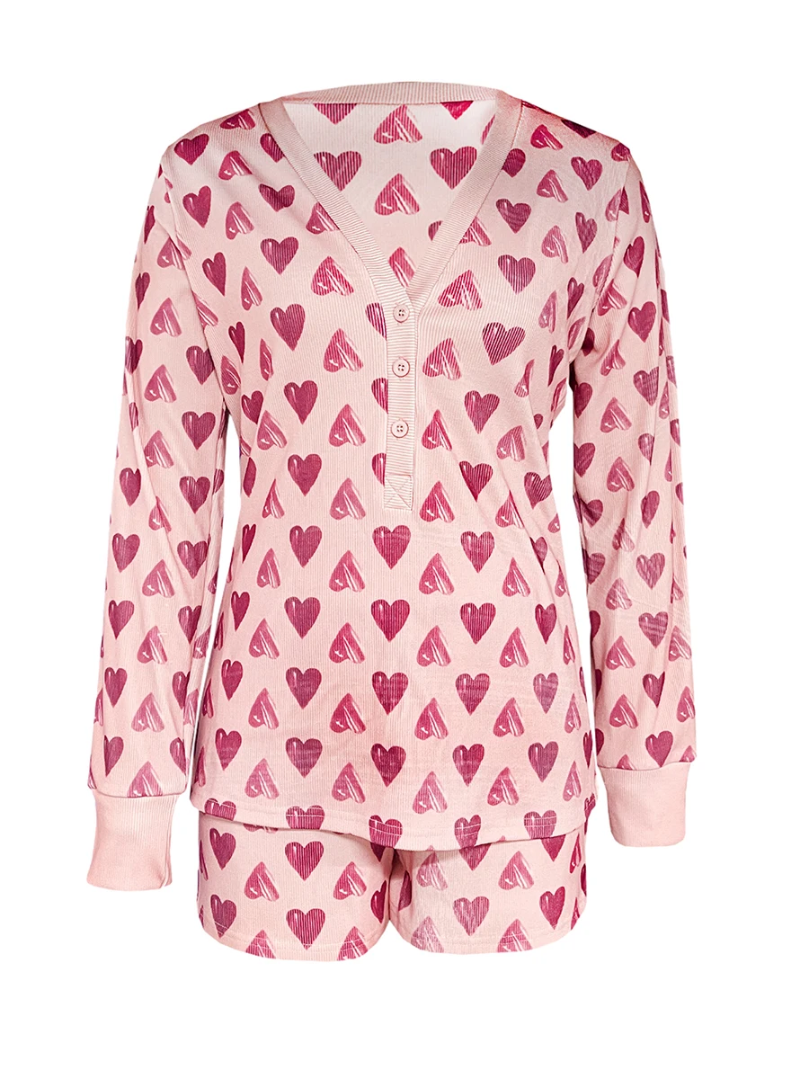 

Women Valentine s Day Pajama Set Heart Print Button T-shirt Shorts Sleepwear Loungewear
