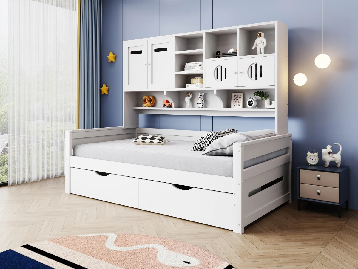 KOMHTOM Multifunktionales Holzsofa Bett 90x200 cm Einzelbett Jugendbett mit großem Stauraum großer Schublade und Lattenrost – Detail 1