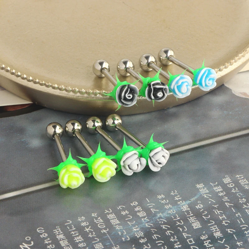 silicone rose flower Tongue Piercing Jewelry Tongue Rings for Women straight barbell 16mm tongue bar nipple rings for women men