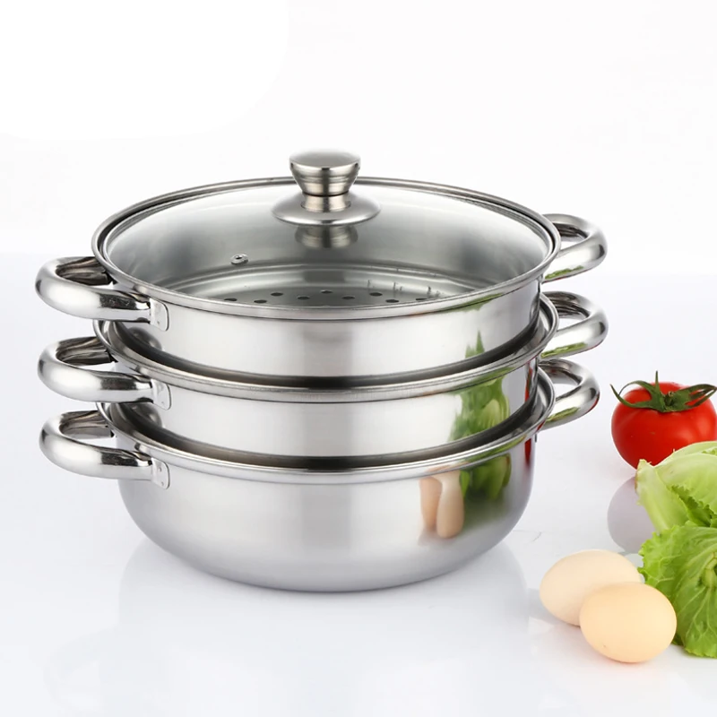 

1 Pcs 28Cm Multifunctional Steam Pot Three Layers Stockpot Stainless Steel Steamer Cooking Boiler Cookware,Silver