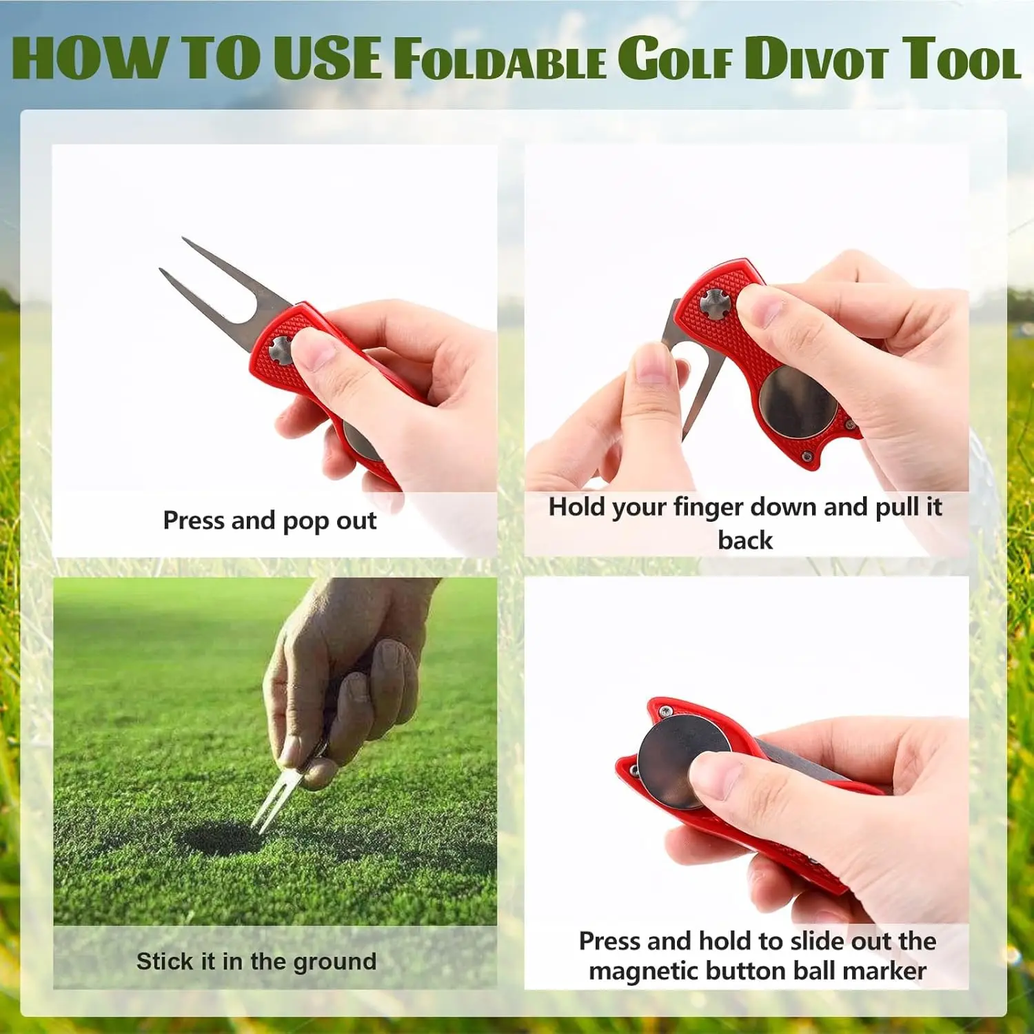 Golf Divot Repair Tool Stainless Steel Switchblade Pitch Groove Cleaner Magnetic Golf Pitchfork Putting Green Fork Training