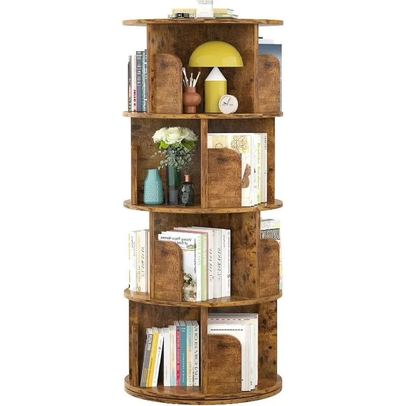 Wood Rotating Bookshelf 360 Display 4 Tier Floor Standing Bookcase Storage Rack for Bedroom Living Room