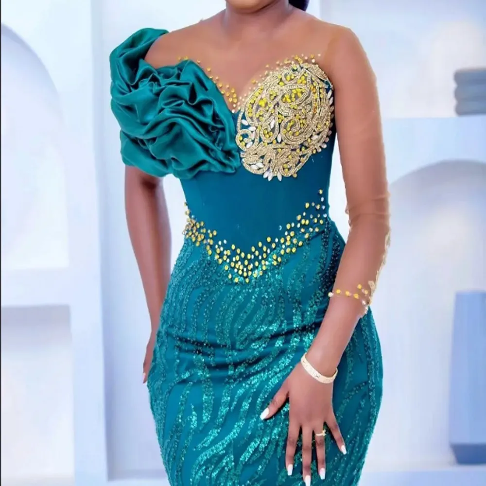African Women Mermaid Prom Dresses With Illusiin Neckline One Shoulder Sexy Long Sleevs Plus Size Evening Party Dress
