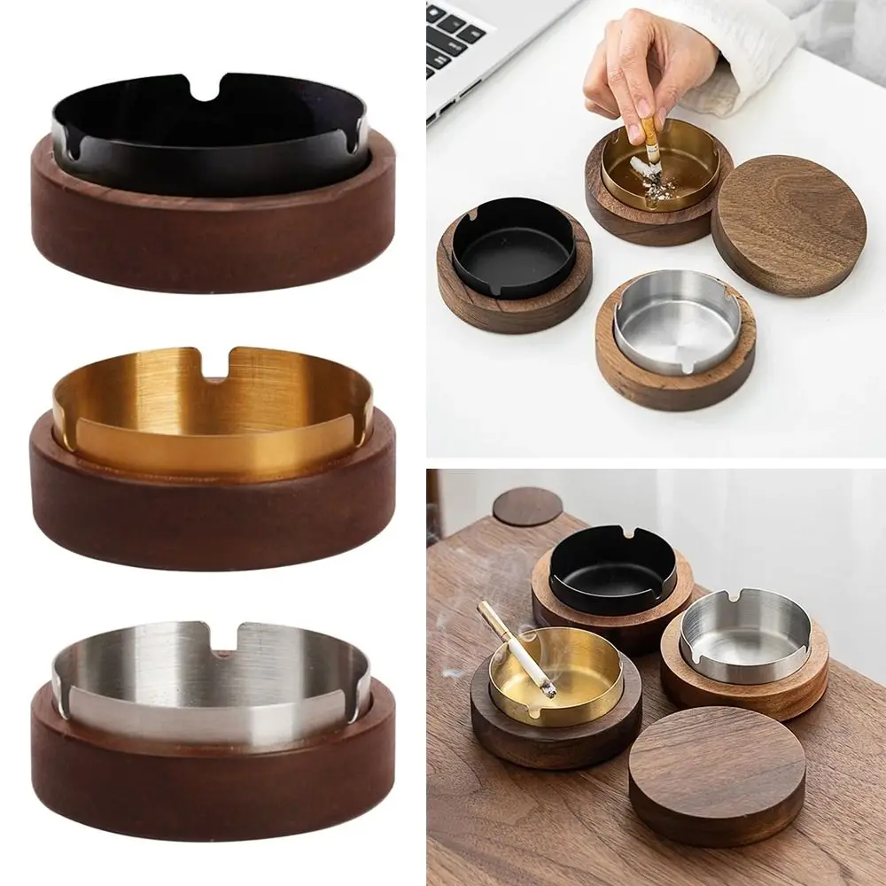 Stainless Steel Liner Walnut Wood Ashtrays Indoor Walnut Wood Lid Fly Ash Ashtray Ash Tray Living Room wood ashtray stainless steel ashtray metal ashtray cigarettes ashtray