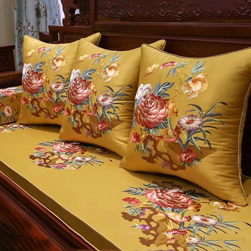 

High-grade Silk Embroidered Cushion Cover Classical Chinese Style Waist Pillowcases Flowers Pillow Cover Home Sofa Decoration