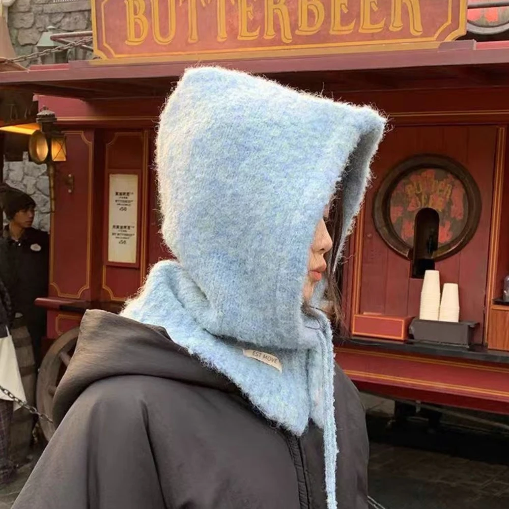 Fashion Knitted Wool Yarn Women Hat Autumn Winter Warm Balaclava Hats Scarf Ear-protecting Lace-up Head Cap Outfits Accessories