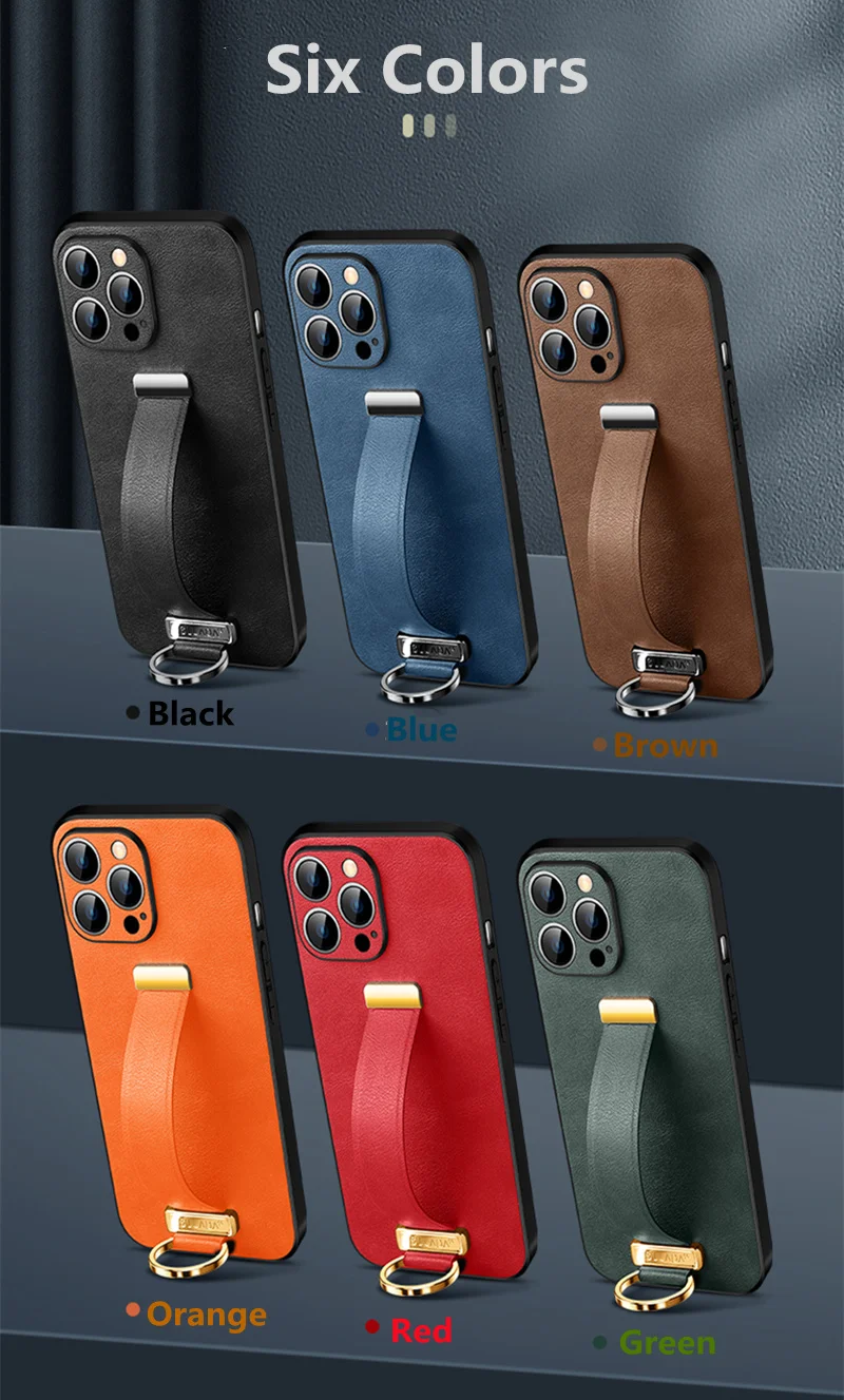 SULADA Luxury Oil Wax Leather Wristband Metal Ring Grip Case for iPhone 15 Pro Max 12 13 Pro 14 Plus Daul Stand Protective Cover