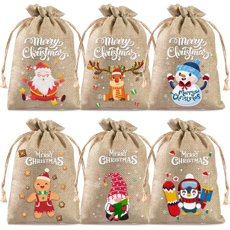 6PCS Christmas Candy Gifts Drawstring Bags Linen Bundle Pocket Bracelet Jewelry Burlap Storage Bags Xmas Gift Packaging Bags LIJ