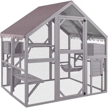 Catio Outdoor Cat Enclosure Large Cat Run with Bridges, Walks, Small Houses, Roof Cover 28.27 ft² 1