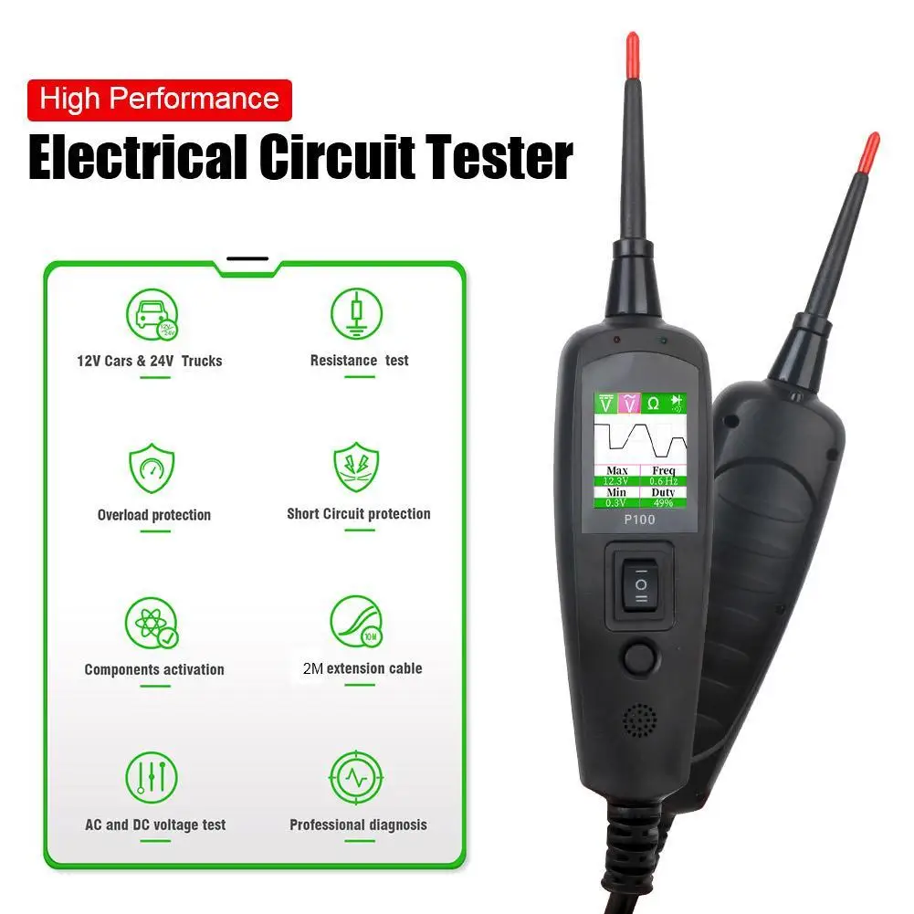 

P100 Car Electric Circuit Tester Automative Power Probe Kit 12V Cars 24V Trucks Overload Protection LED Display Diagnostic Tool