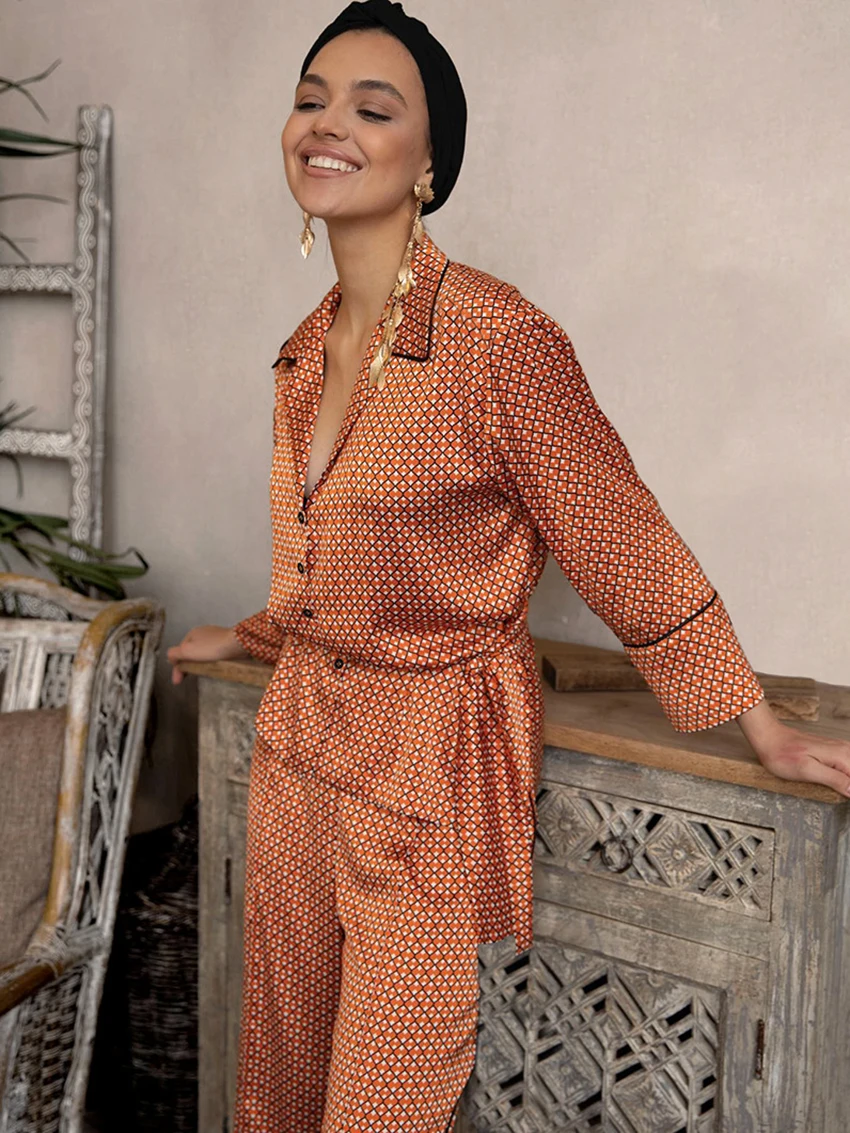 Marthaqiqi Fashion Ladies Pajama Set Turn-Down Collar Nightwear Long Sleeve Robe Lace Up Sleepwear Pants Printing Winter Nightie