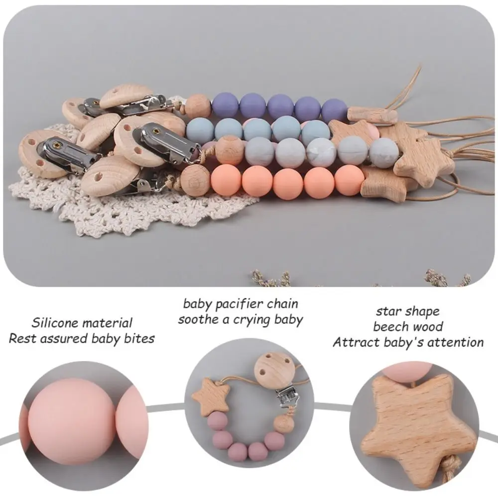 Dummy Clips Pacifier Holder Clips Soother Holder Wood Baby Teether Toys Straps Nipple Holder Clips Star Baby Pacifier Chain