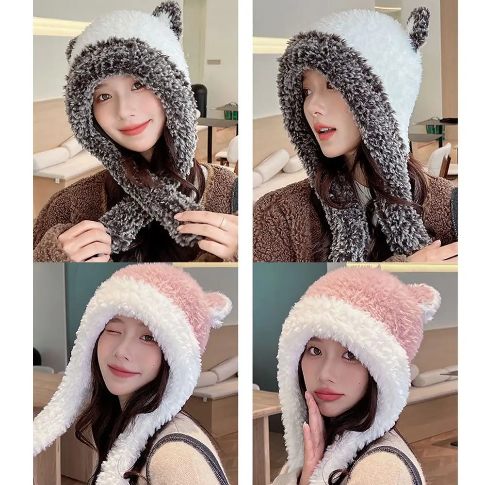 여성용 귀 보호 봉제 버킷 햇, 부드러운 가을 겨울 콜드 햇, 곰 귀 비니, 여성 신제품