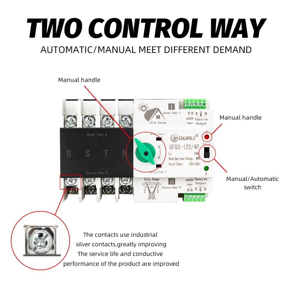 2P 3P 4P Din Rail ATS PV Inverter Dual Power Automatic Transfer Selector Switches Uninterrupted Photovoltaic Solar 63A 100A 125A