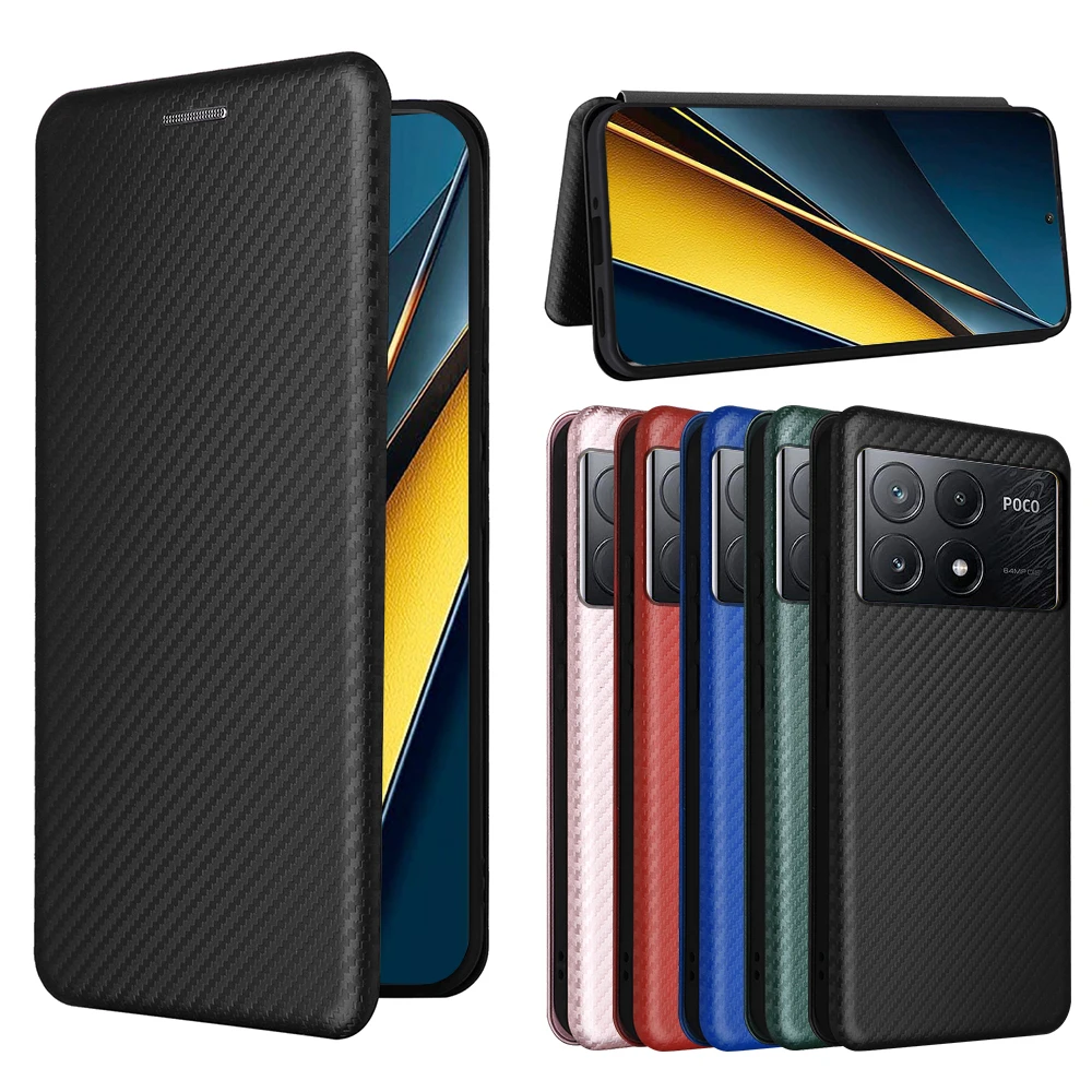 

Чехол для Pocophone Little X6Pro, кожаный флип-чехол из углеродного волокна для Xiaomi Poco X6 Pro PocoX6, чехол-книжка с кольцом, подставкой и отделением для карт