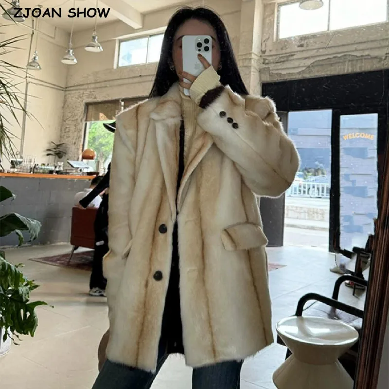 

Winter Lapel Gradient Stripe Hairy Shaggy Mink Faux Fur Blazer Oversized Coat Warm Furry Jacket Women Midi Long Outerwear