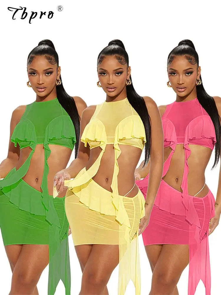 

Sexy See Through Ruffle Edge Skirt 2 Pieces Set Women Fashion O-neck Sleeveless Tank Top Skirt Outfits Summer Mini Skirt Sets