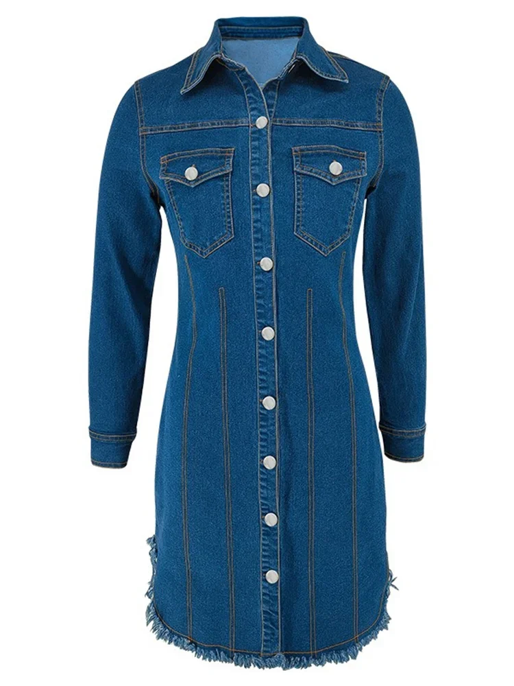 Wmstar Denim Dresss Women Sexy Button Bodycon Maxi Fashion Slip Hem Fall Winter Clothes Midi Dresses Wholesale Dropshipping