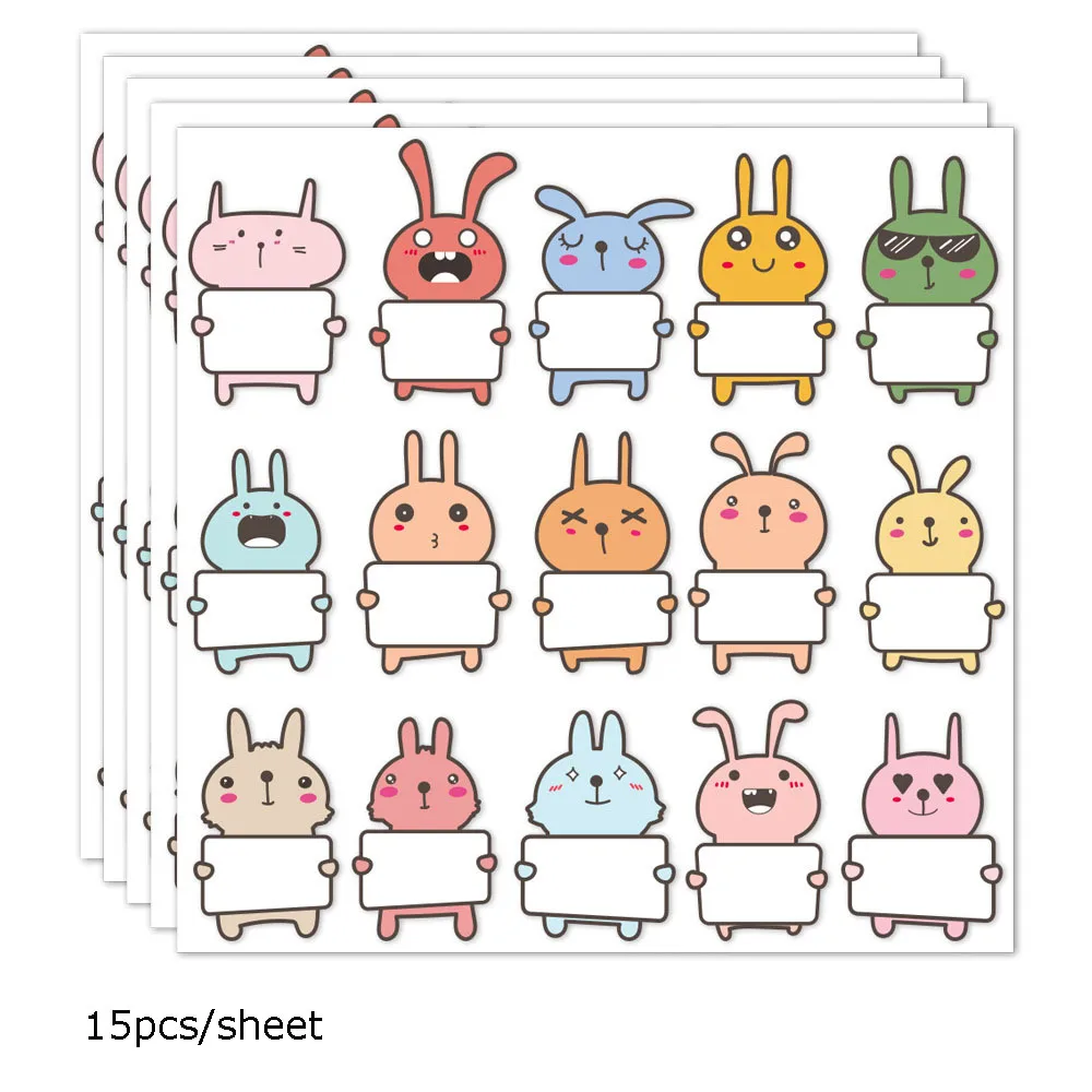 

10Sheets=150Pcs Cute Animal Rabbit Name Tag Sticker Waterproof Personalized Labels Children School Stationery Supplies