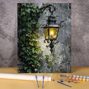 Disegno con i numeri Pittura fai da te con i numeri Pianta Lascia Lanterna Kit Pioggia Paesaggio Immagine artistica Arte della parete per la camera da letto Decorazioni per la casa