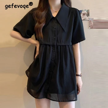 Women's Korean Fashion Ruffle Patchwork Button Up Shirt Office Lady Pointed Collar Design Commute Blouse Casual Solid Loose Tops 1